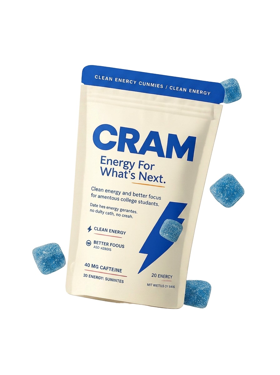 CRAM Blue Raspberry energy gummies pouch with floating gummies